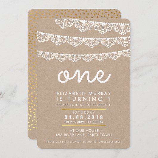 可愛い1歳の誕生日パーティー招待状ラスティックレースのバンティング 招待状 (正面/裏面)