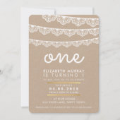 可愛い1歳の誕生日パーティー招待状ラスティックレースのバンティング 招待状 (正面)