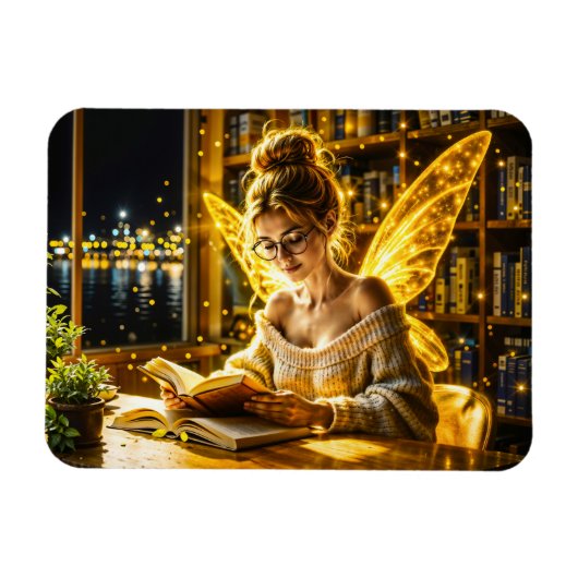 可愛い10代の妖精読の魔法のキラキラ光 マグネット (横)