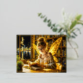 可愛い10代の妖精読の魔法のキラキラ光 箔シーズンポストカード (立ち正面)