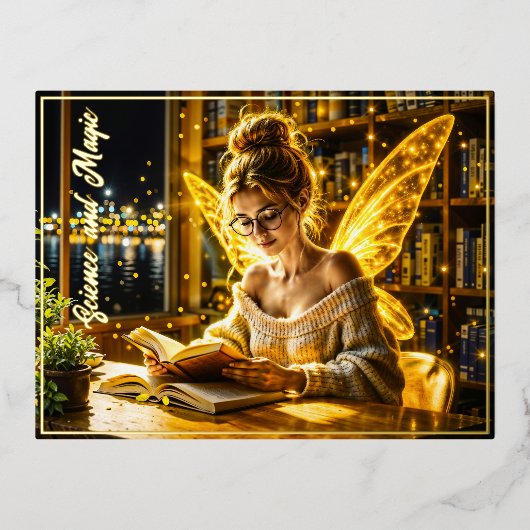 可愛い10代の妖精読の魔法のキラキラ光 箔シーズンポストカード (正面)