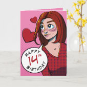 可愛い10代の漫画ガールピンク14誕生日 カード (黄色い花)