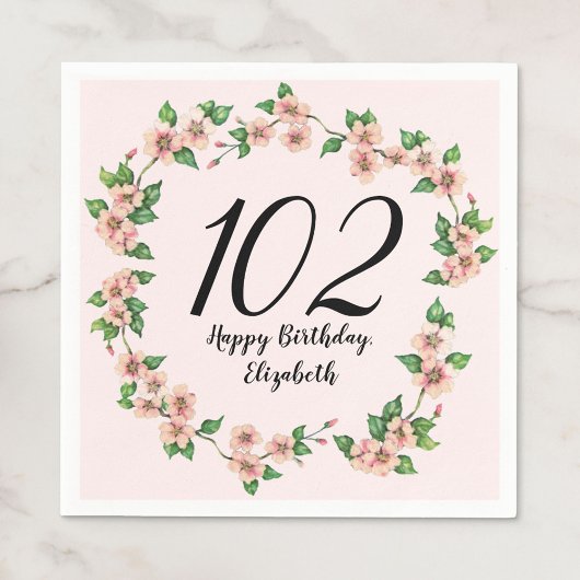 可愛い102歳の誕生日ピンクの花柄 スタンダードカクテルナプキン
