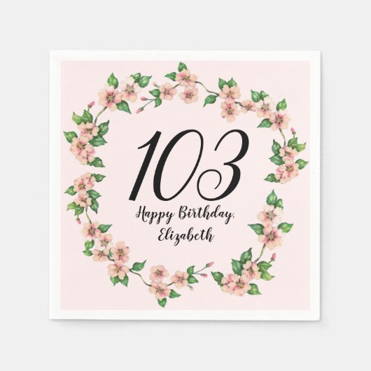 可愛い103歳の誕生日ピンクの花柄 スタンダードカクテルナプキン (正面)