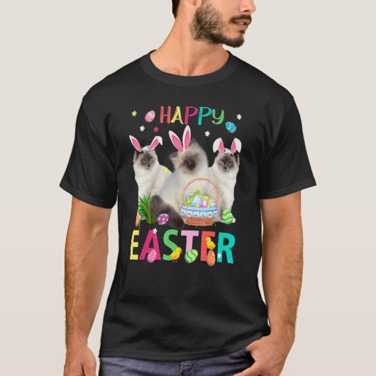 可愛い3匹のシャム猫がバニー耳を着てHappy E Tシャツ (正面)