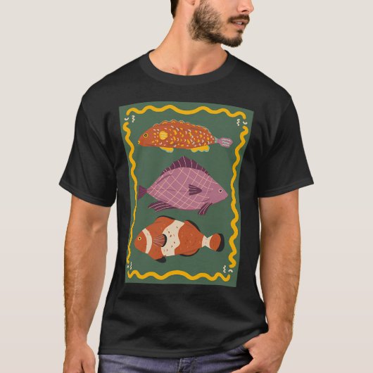 可愛い3匹の魚 - 緑の背景 Tシャツ (正面)