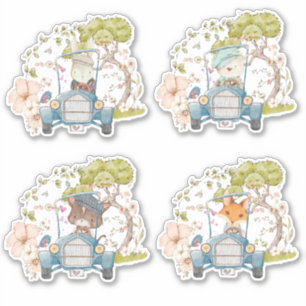 可愛い4ウッドランド動物ヴィンテージカーの葉の少年 シール