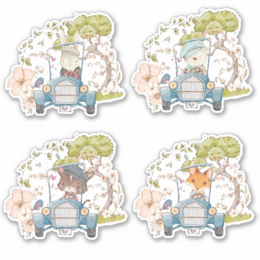 可愛い4ウッドランド動物ヴィンテージカーの葉の少年 シール (正面)