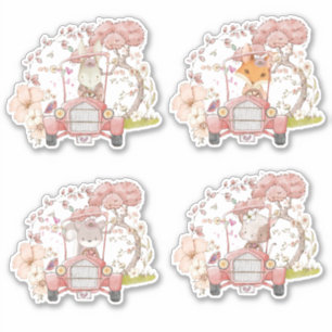 可愛い4ウッドランド動物ヴィンテージカー観葉少女 シール