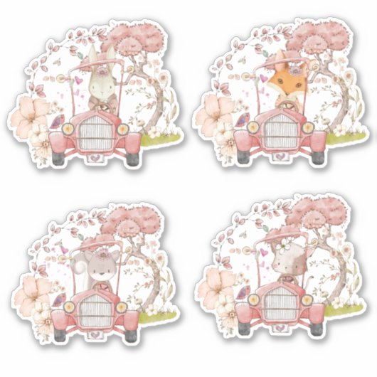 可愛い4ウッドランド動物ヴィンテージカー観葉少女 シール (正面)