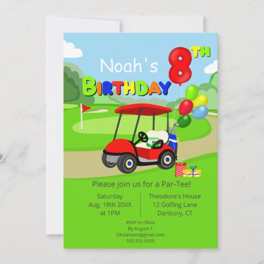 可愛い8誕生日レッドゴルフカート少年 招待状 (正面)
