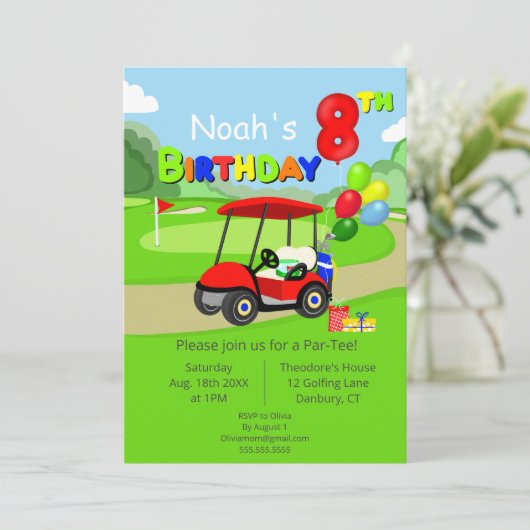 可愛い8誕生日レッドゴルフカート少年 招待状 (スタンド正面)