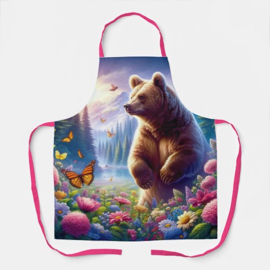 可愛い、カラフルクマと蝶 エプロン (正面)