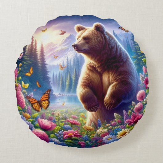 可愛い、カラフルクマと蝶 ラウンドクッション (正面)