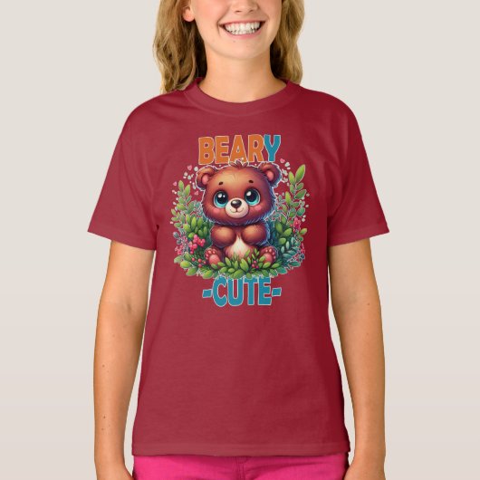 可愛い。テディベアの漫画は笑みを浮かべて。パウおもしろいン Tシャツ (正面)