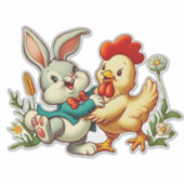 可愛い、ヴィンテージ漫画チキン&ウサギ シール (正面)