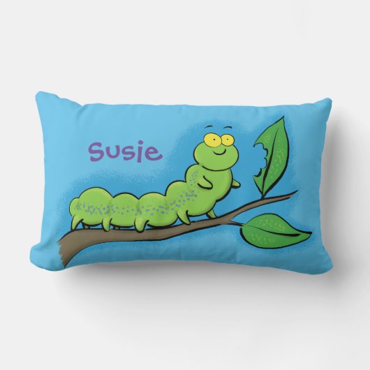 可愛い、幸せ、毛虫が葉枕に寄り添う ランバークッション (正面)