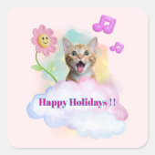 可愛い『Happy Holidays』おしゃべりねこ♡ スクエアシール (正面)