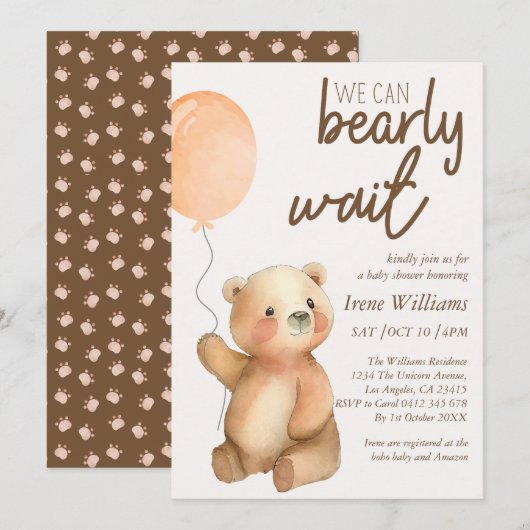 可愛いbearly待ちテディベア赤ちゃんシャワー 招待状 (正面/裏面)