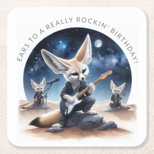 可愛いFennecキツネロッキングアコースティックギター スクエアペーパーコースター (正面)