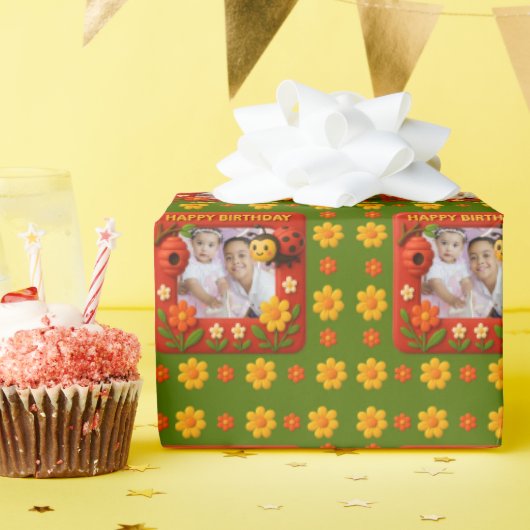 可愛いLadybug誕生日写真カスタマイズ ラッピングペーパー (誕生日パーティー)