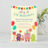 可愛いLilモンスターカートゥーンイエローバースデーパーティー 招待状 (スタンド正面)