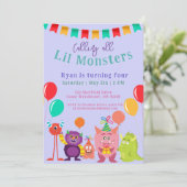 可愛いLilモンスターカートゥーンバイオレット誕生日パーティー 招待状 (スタンド正面)