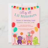可愛いLilモンスターマンガピンクの誕生日パーティー 招待状 (正面)