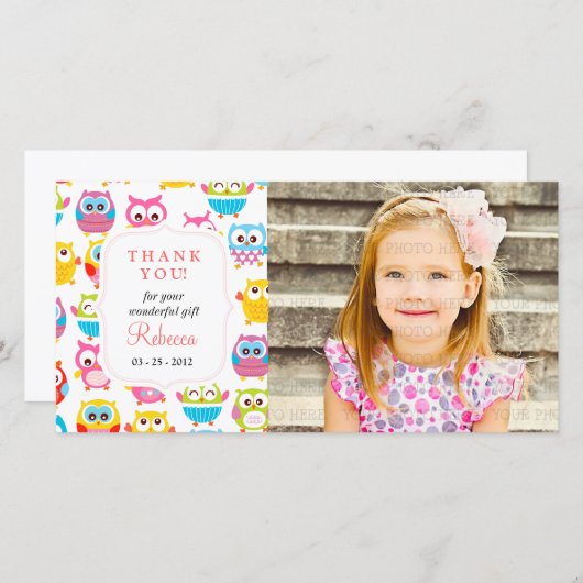 可愛いLitte Owls写真任意の大事な行事 サンキューカード (正面/裏面)