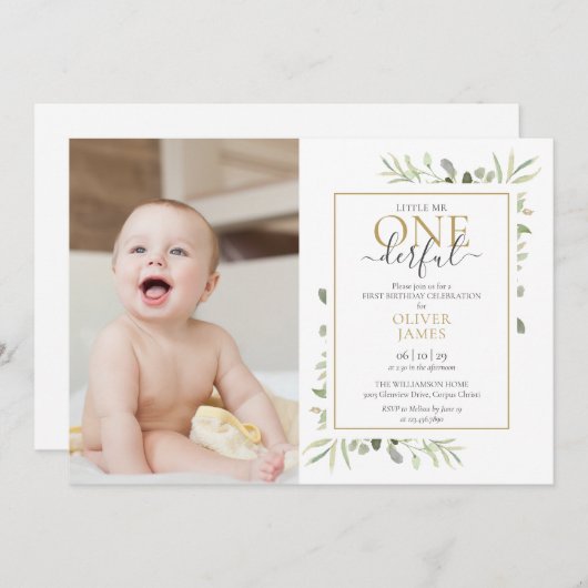 可愛いLittle Mr. ONEderful Photo Boy First誕生日 招待状 (正面/裏面)