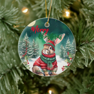 可愛いMOMバニーラビットサンタクリスマスホリデー名 セラミックオーナメント