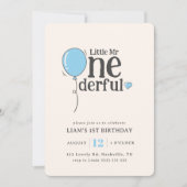 可愛いMr.オネダーフルソフトブルーバルーン1st誕生日 招待状 (正面)