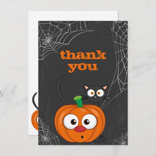 可愛いn不気味猫とカボチャのハロウィンフラット サンキューカード (正面/裏面)