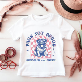 可愛い'Pugs Not Drugs'レトロパステルピンクとブルー ベビーTシャツ
