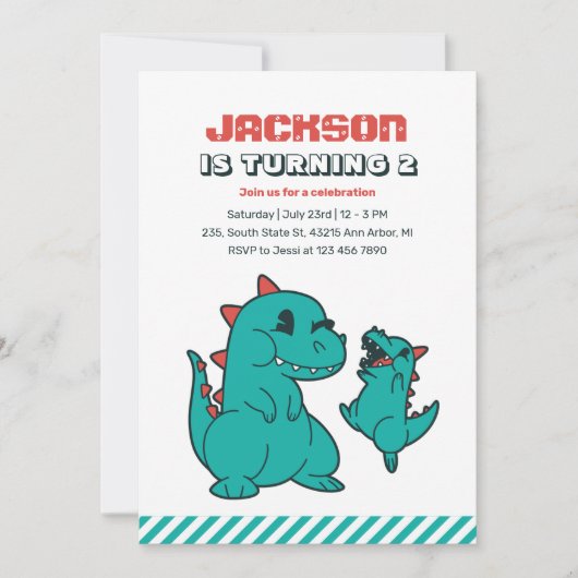 可愛いTレックスベビー恐竜とママ子供の誕生日 招待状 (正面)