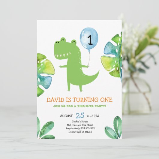 可愛いTレックスボーイ最初の誕生日ジノミテ恐竜 招待状 (スタンド正面)