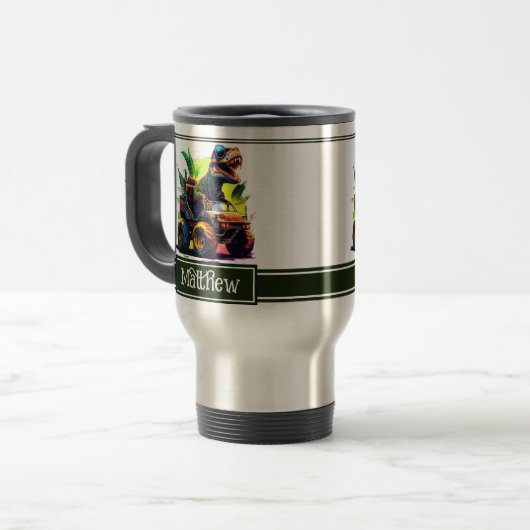 可愛いTレックス乗馬モンスタートラック恐竜の名前 トラベルマグ (正面左)