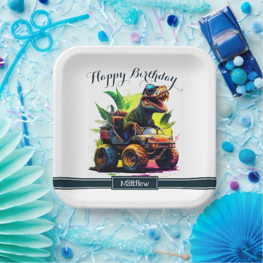 可愛いTレックス乗馬モンスタートラック恐竜誕生日 ペーパープレート (パーティー)