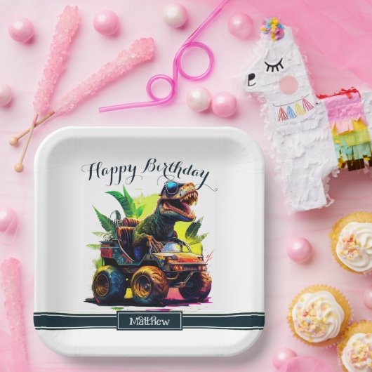可愛いTレックス乗馬モンスタートラック恐竜誕生日 ペーパープレート (パーティー)