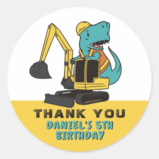 可愛いTレックス及び掘削機子供の誕生日パーティー ラウンドシール (正面)