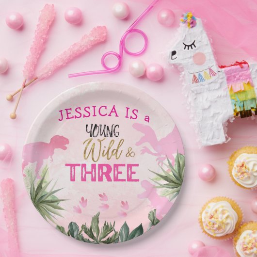 可愛いTレックス恐竜ガール第3誕生日パーティー ペーパープレート (パーティー)