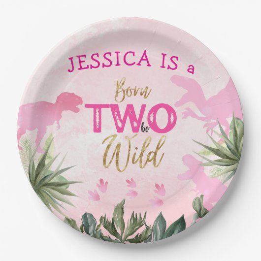 可愛いTレックス恐竜ガール2nd誕生日パーティー ペーパープレート (正面)