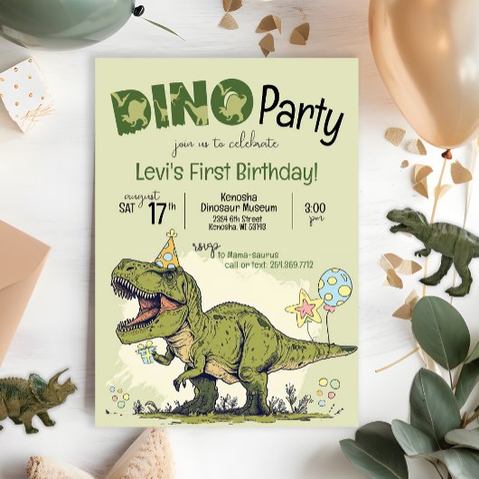 可愛いTレックス恐竜ファースト誕生日Dinoパーティー 招待状