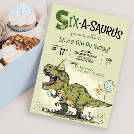可愛いTRex恐竜Six-A-Saurus 6th誕生日パーティー 招待状