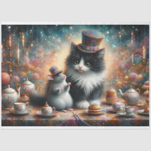 可愛いTuxedo猫とマウスのファンタジーの切り離し。 薄葉紙 (正面)