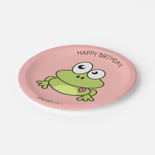可愛おもしろいいカエル漫画ピンクの子供の誕生日 ペーパープレート (アングル)