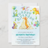 可愛おもしろいいカラフル恐竜の火山の水色 招待状 (正面)