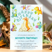 可愛おもしろいいカラフル恐竜の火山の水色 招待状