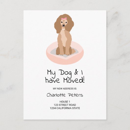 可愛おもしろいいガーリープードル犬イラストレーション移動 案内ポストカード (正面)