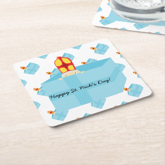 可愛おもしろいいキッズアートセントニコラス・シンタークラース スクエアペーパーコースター (アングル)